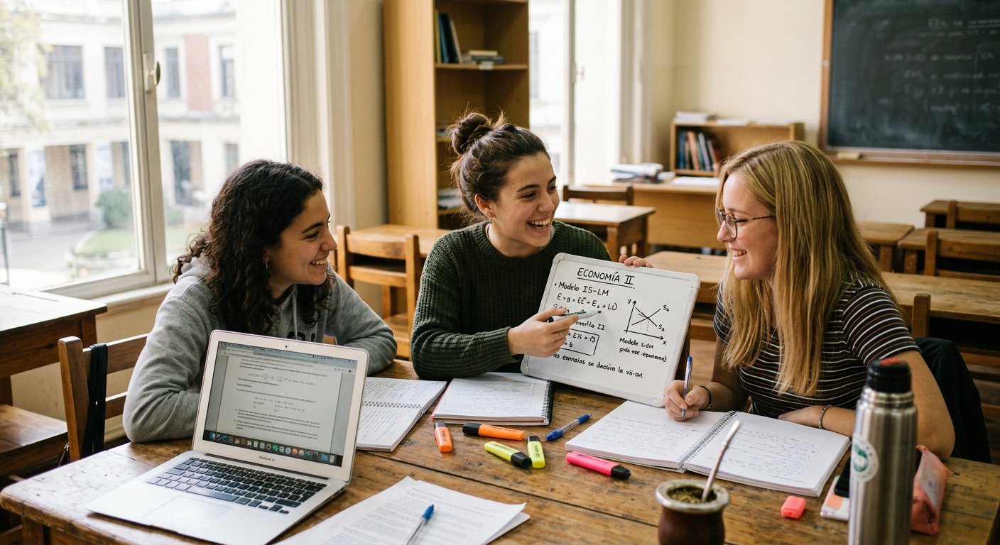 Tres estudiantes repasando Economía en una mesa de estudio